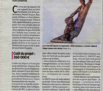 Article dans le journal le progres pour le projet de la sculpture à Lyon